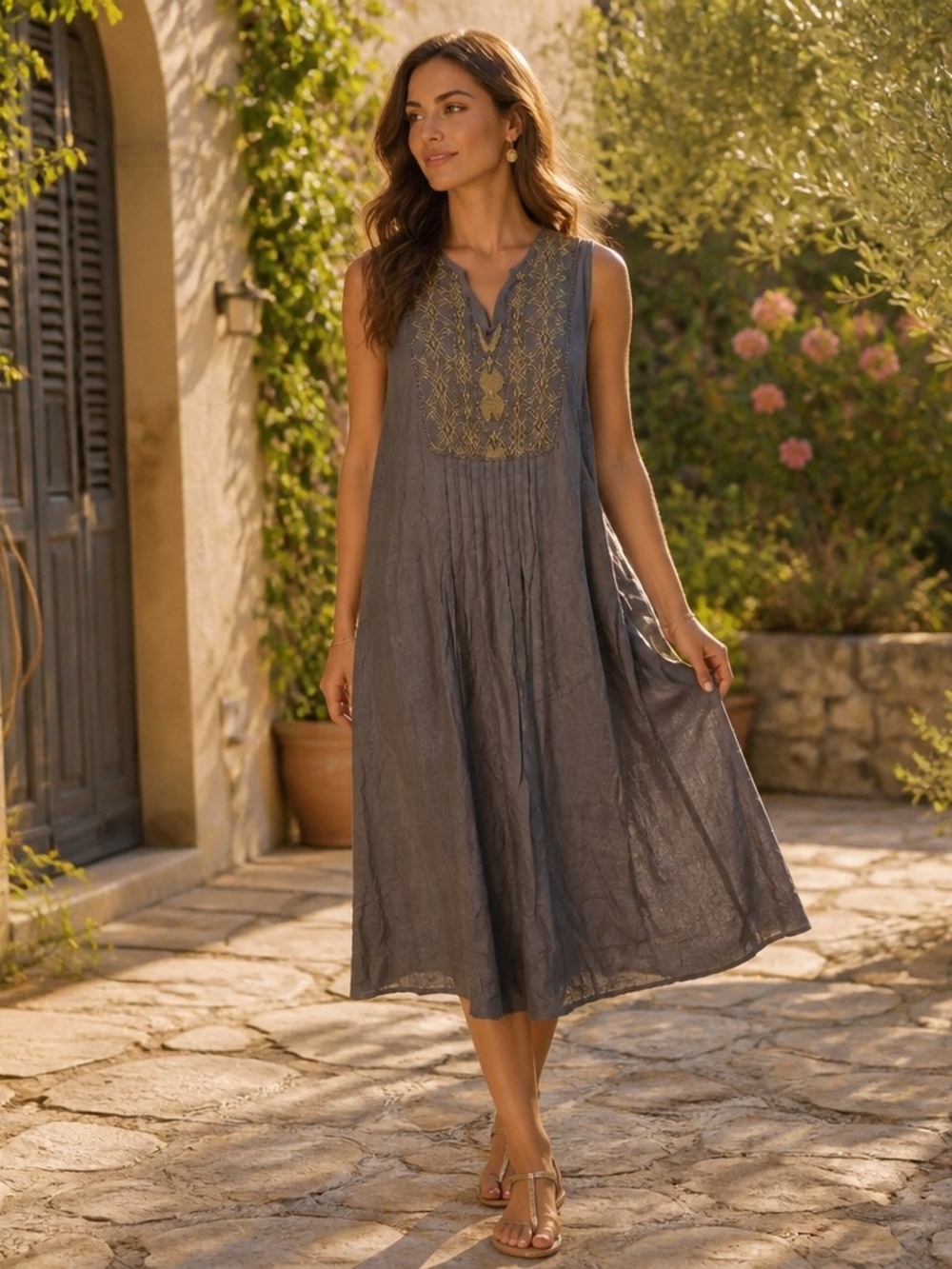 raya sun Sleeveless Embroidered Midi Dress in Slate Gray with Gold Stitching